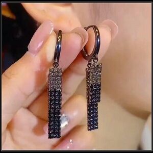 JET BLACK SIMULATED DIAMOND CRYSTAL GOTH BAR DROP EARRINGS